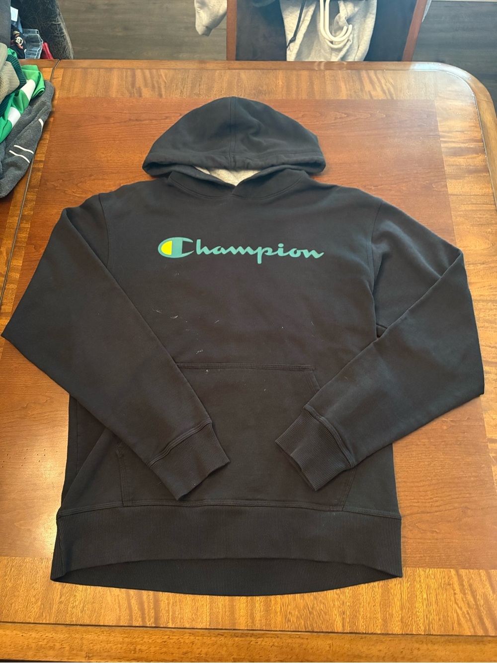 Champion Black Hoodie with Teal Logo and Yellow Accent